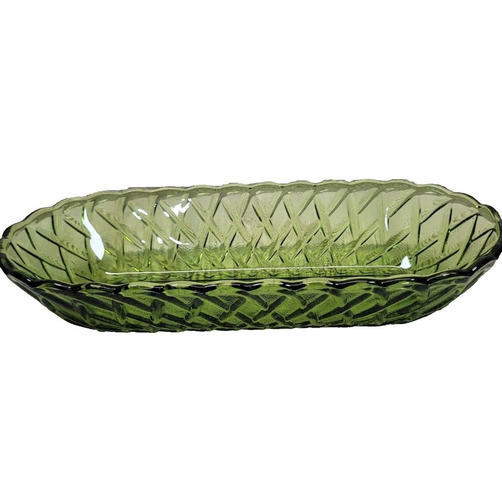 Indiana Glass Dish Basket Weave Oval Candy Celery Avocado‎ Green Olive Vtg MCM